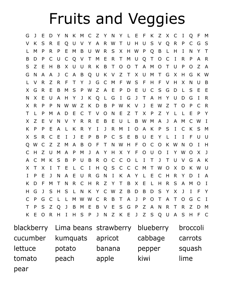 Fruits and Veggies Word Search
