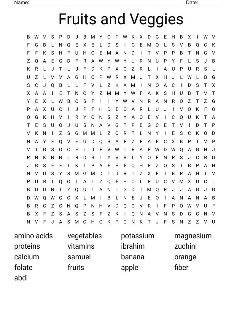 Fruits and Veggies Word Search