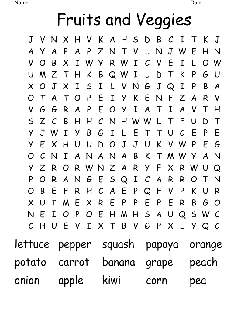 Fruits and Veggies Word Search