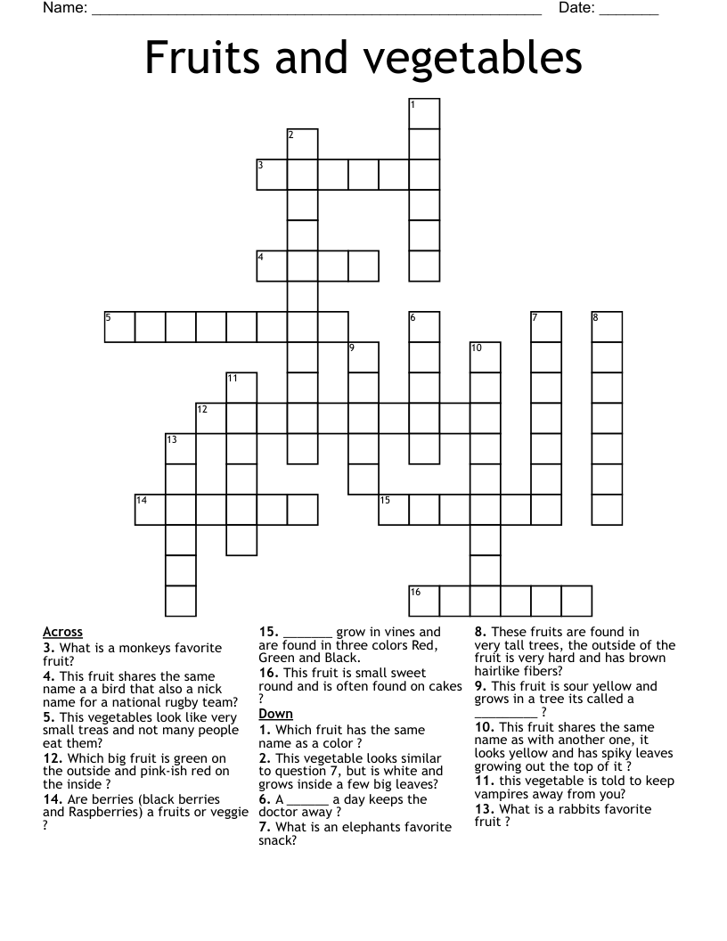 Fruits and vegetables  Crossword