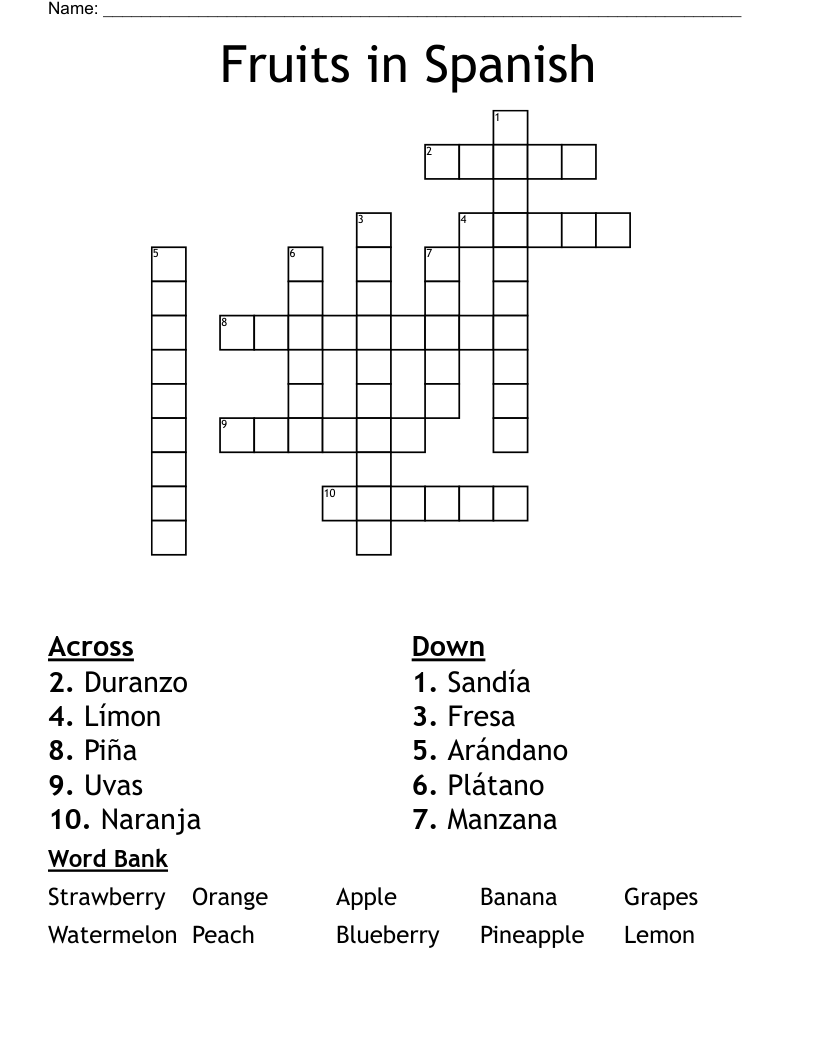 Fruits in Spanish Crossword
