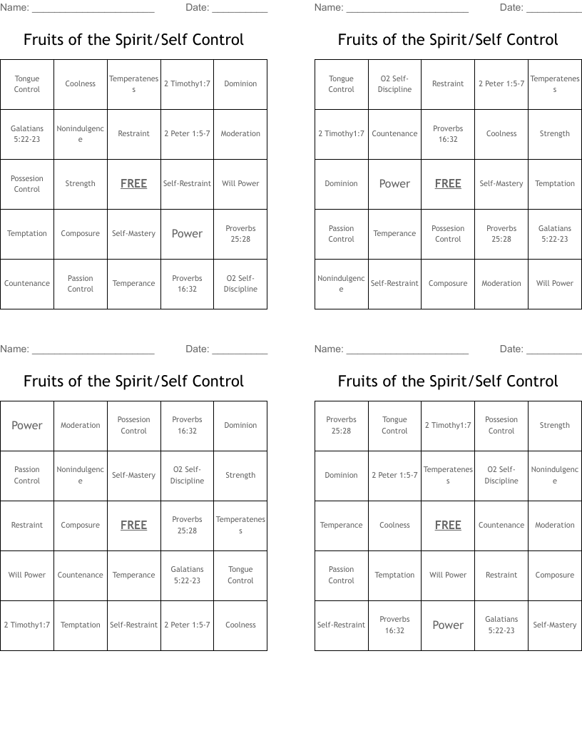 Fruits of the Spirit/Self Control Bingo Cards