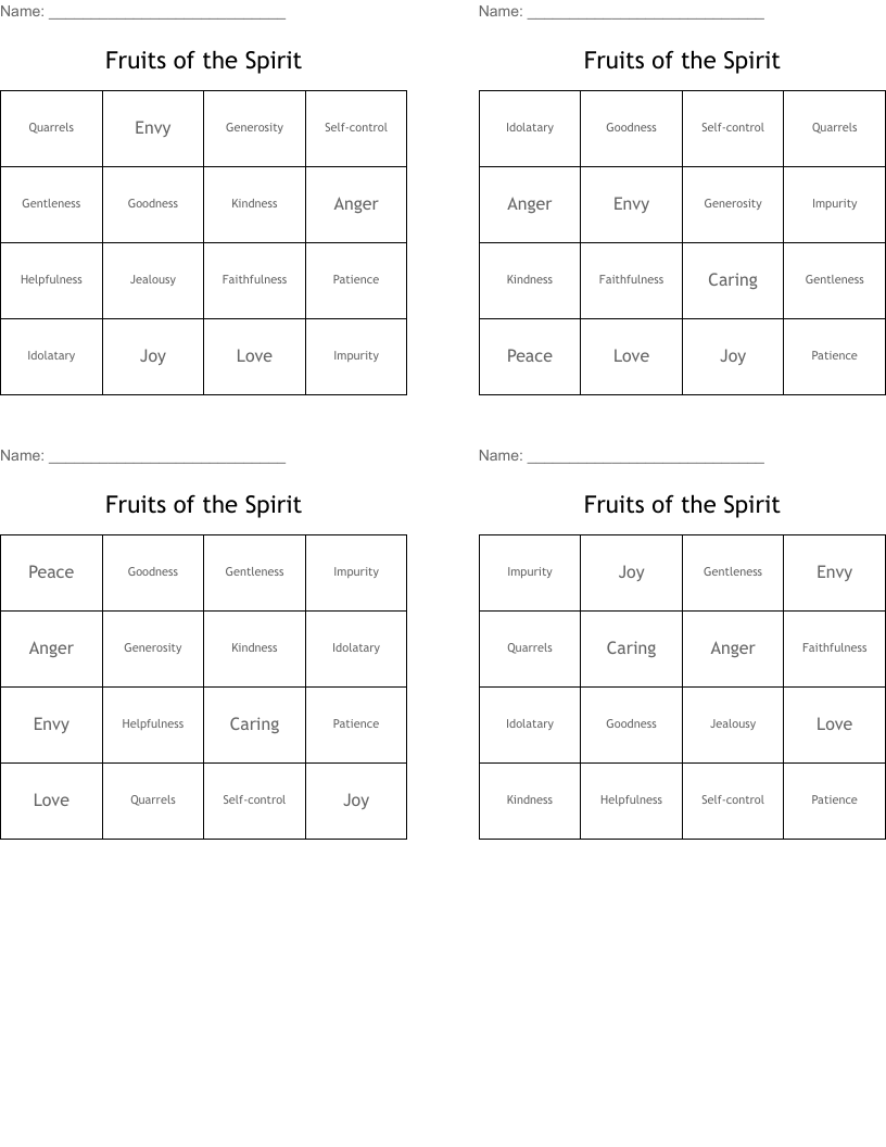 Fruits of the Spirit Bingo Cards