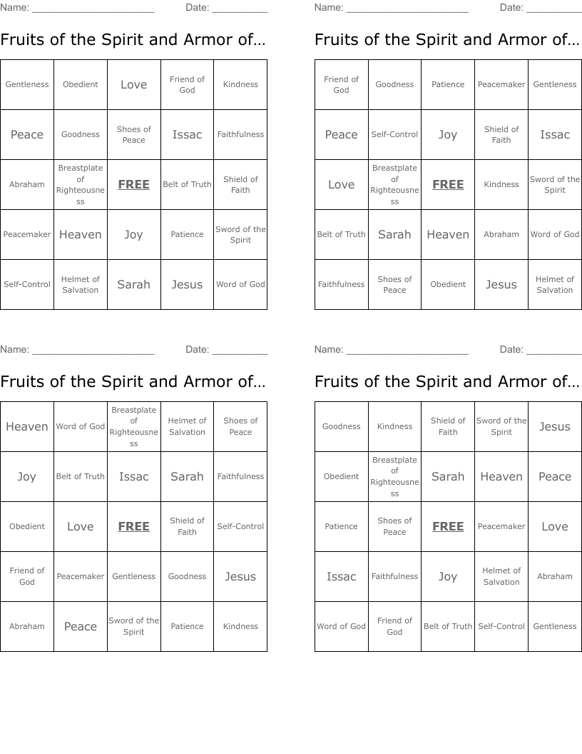 Fruits of the Spirit and Armor of God Bingo Cards