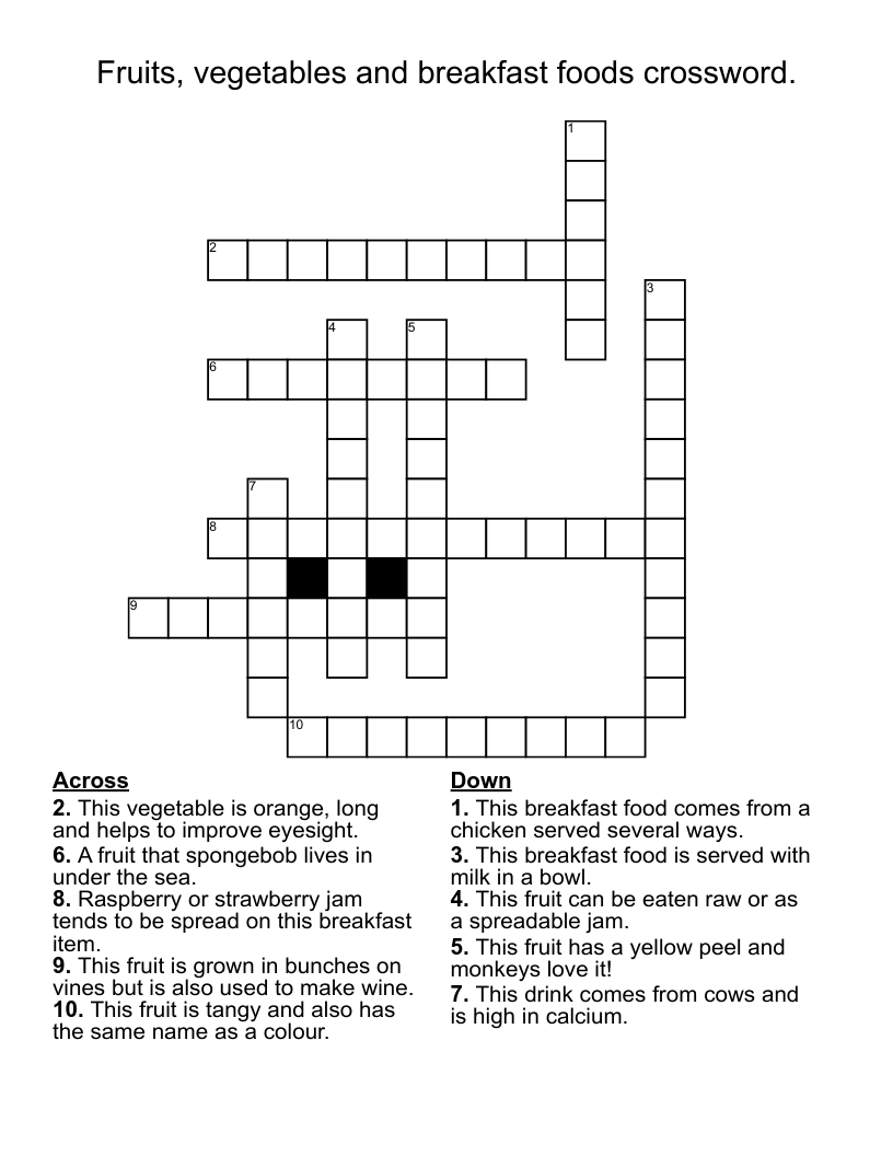 Fruits, vegetables and breakfast foods crossword. 