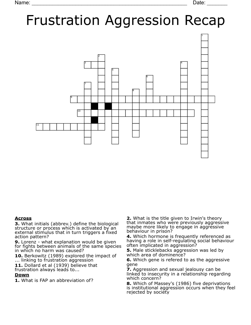 Frustration Aggression Recap Crossword