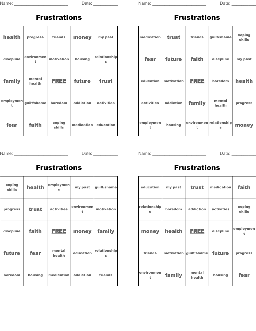 Frustrations Bingo Cards