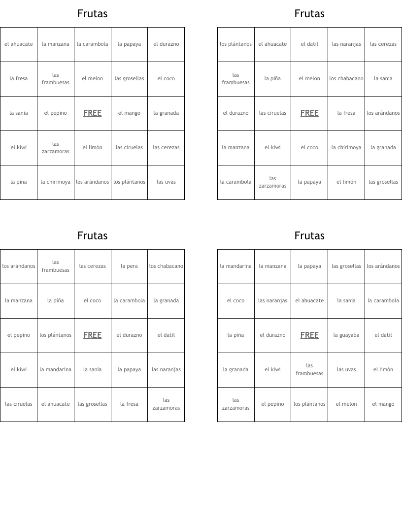 Frutas Bingo Cards