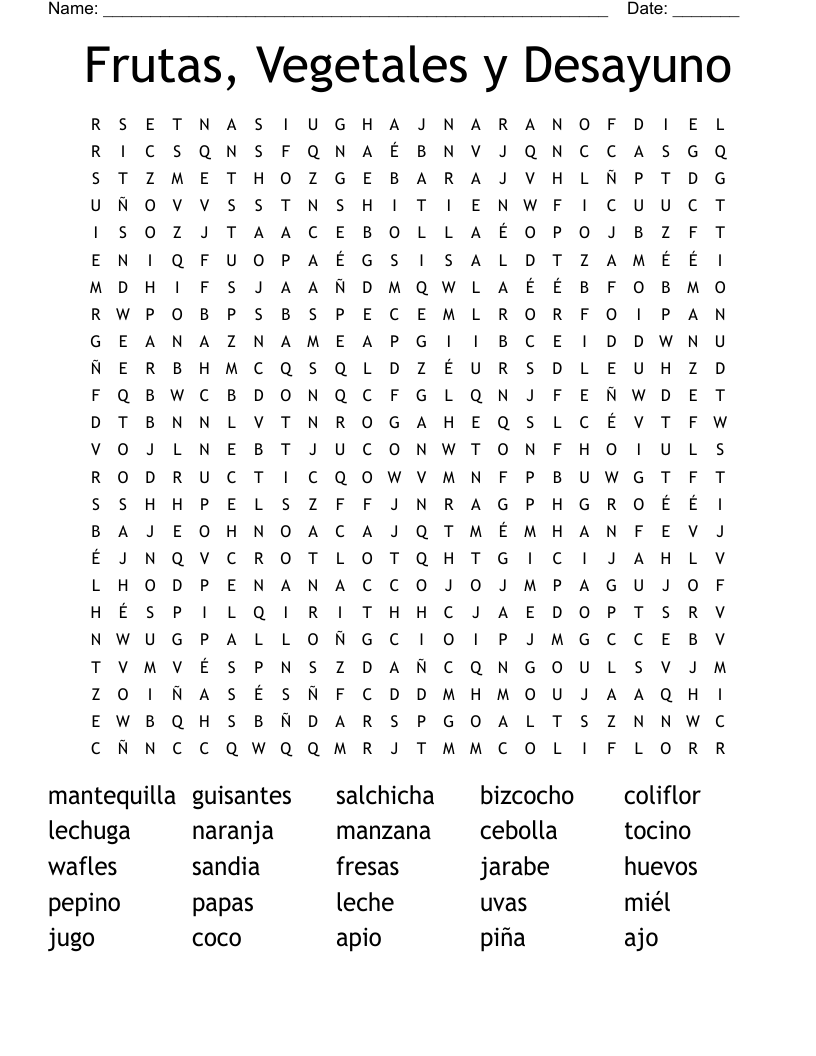Frutas, Vegetales y Desayuno Word Search