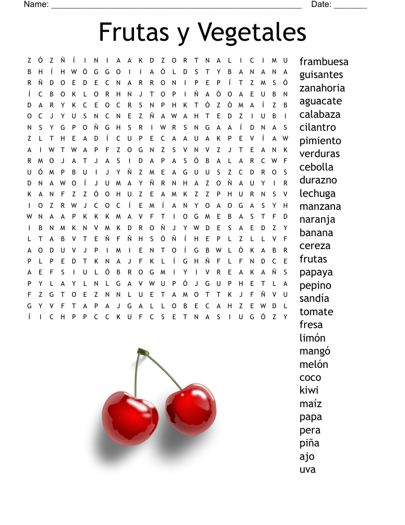 Frutas y Vegetales Word Search