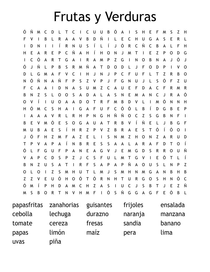 Frutas y Verduras Word Search