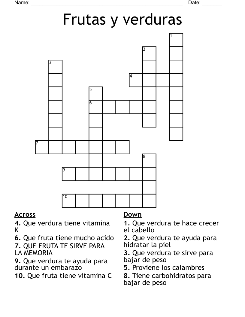 Frutas y verduras Crossword