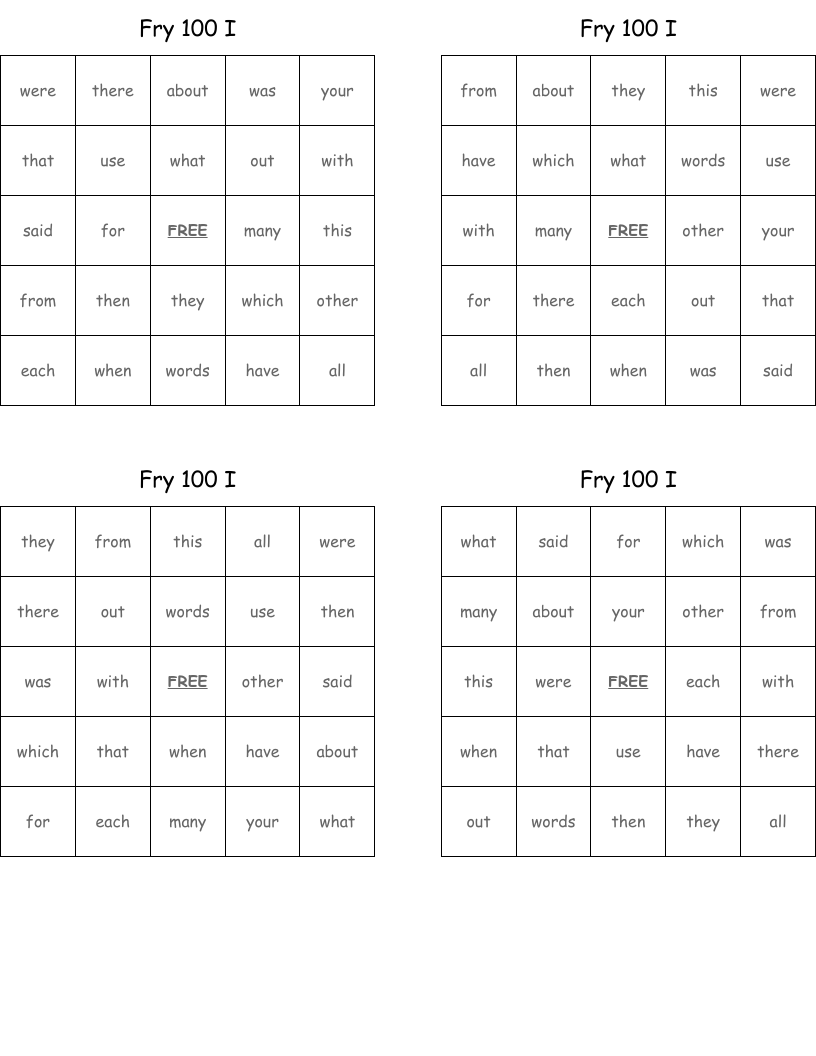 Fry 100 I Bingo Cards