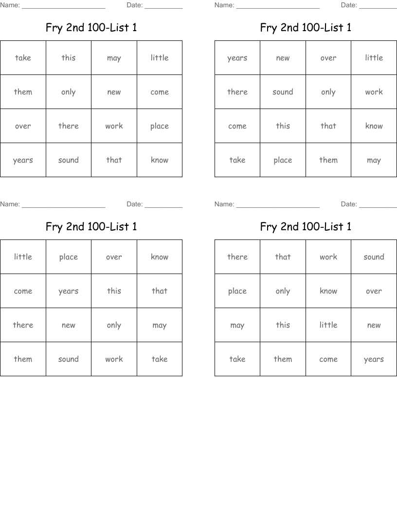 Fry 2nd 100-List 1 Bingo Cards