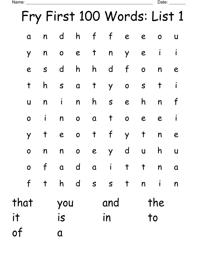 Fry First 100 Words: List 1 Word Search