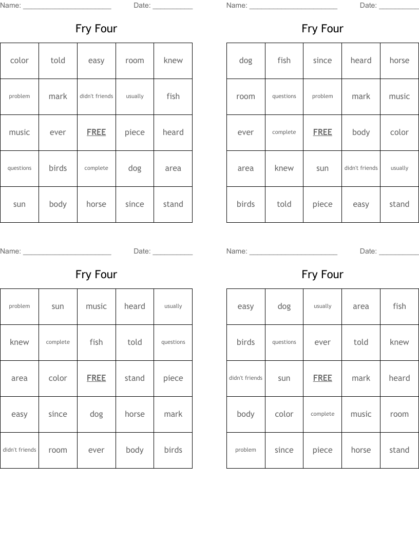 Fry Four Bingo Cards