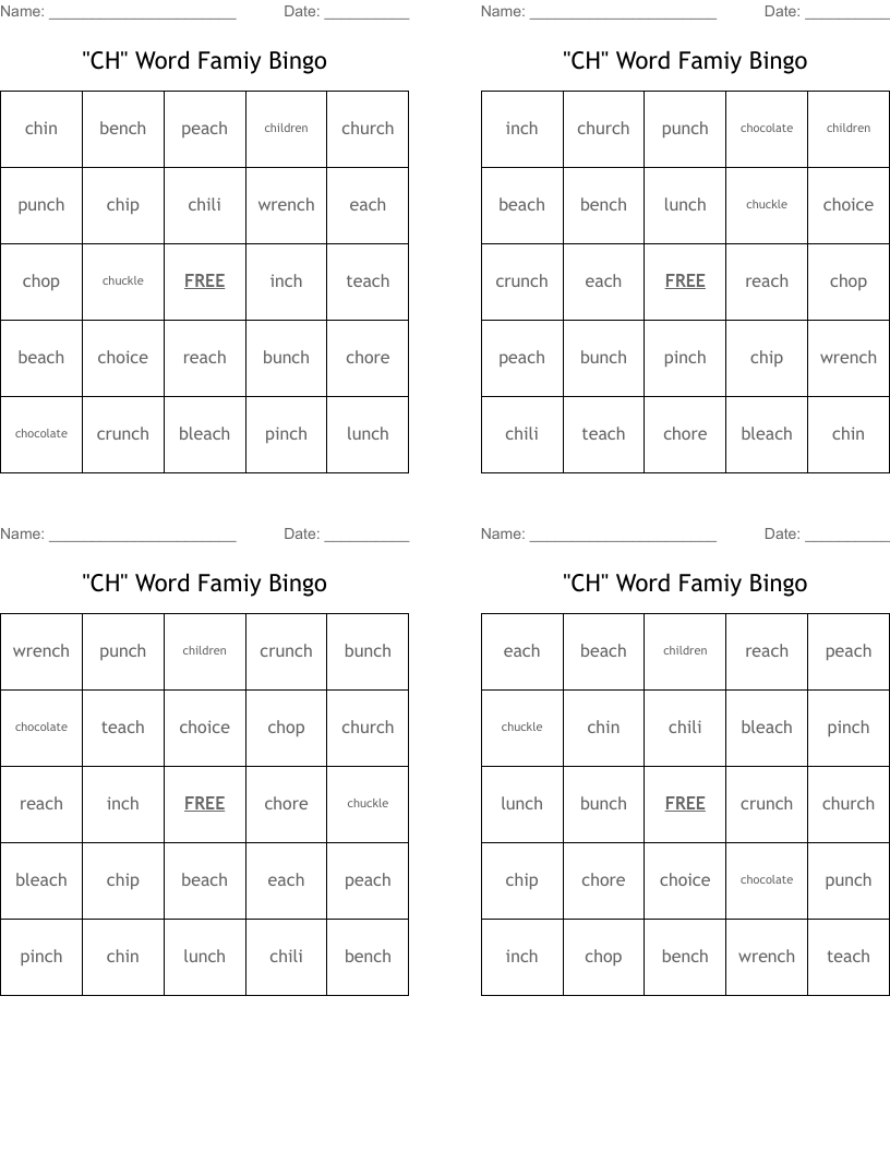 "CH" Word Famiy Bingo