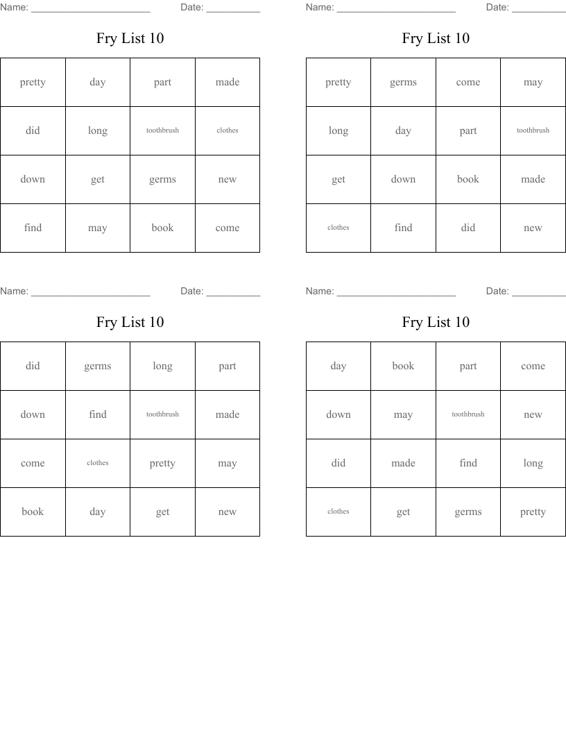 Fry List 10 Bingo Cards