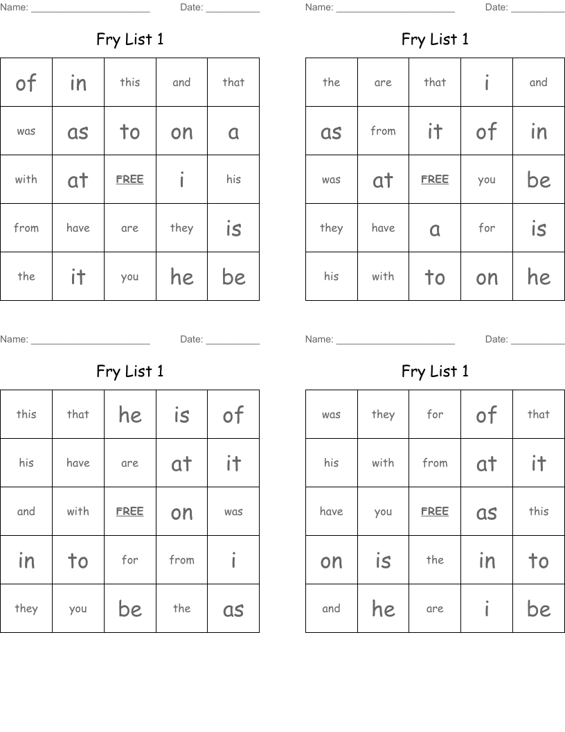 Fry List 1 Bingo Cards