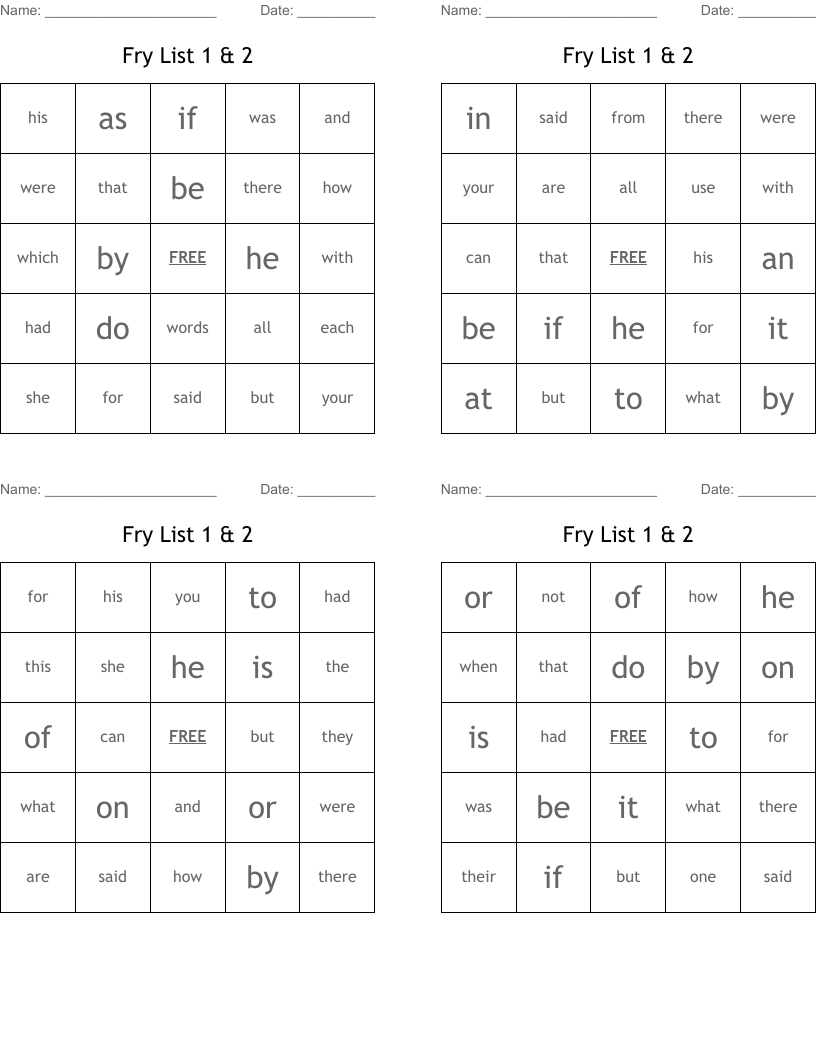 Fry List 1 & 2 Bingo Cards