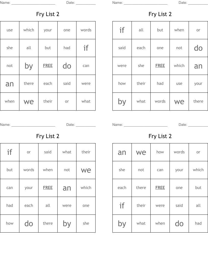 Fry List 2 Bingo Cards