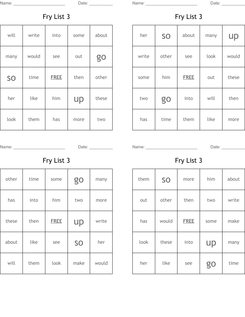 Fry List 3 Bingo Cards