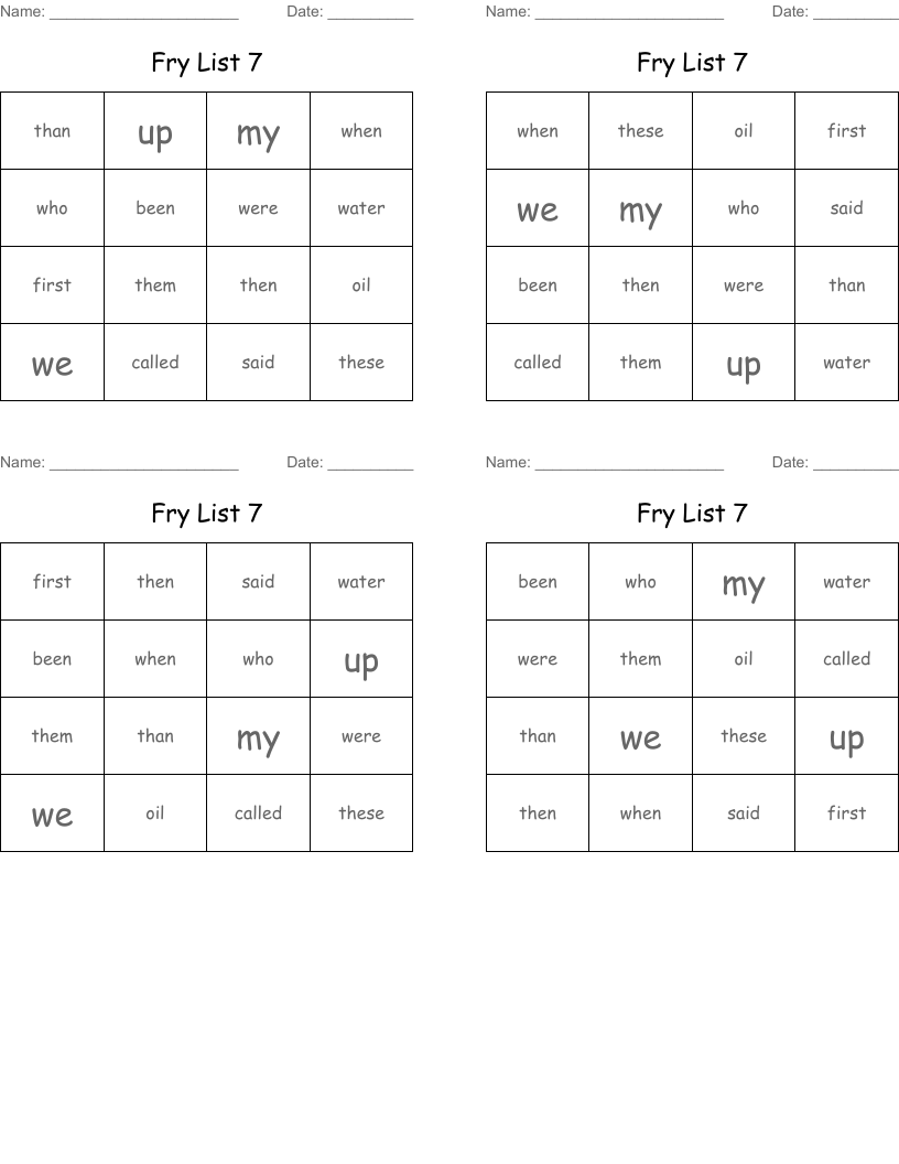 Fry List 7 Bingo Cards
