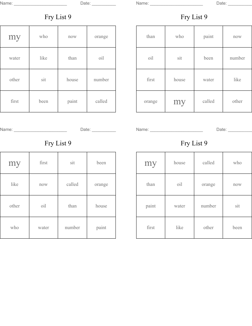 Fry List 9 Bingo Cards