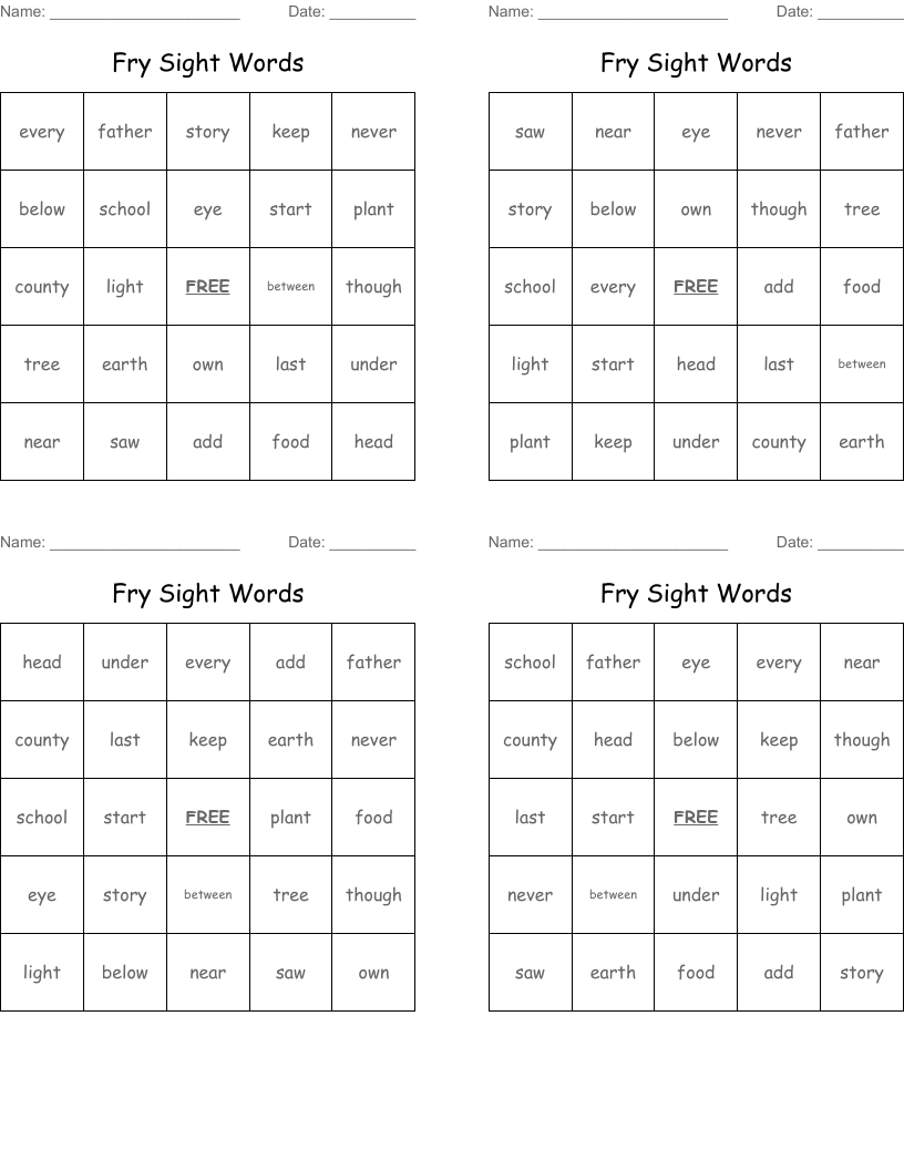 Fry Sight Words Bingo Cards