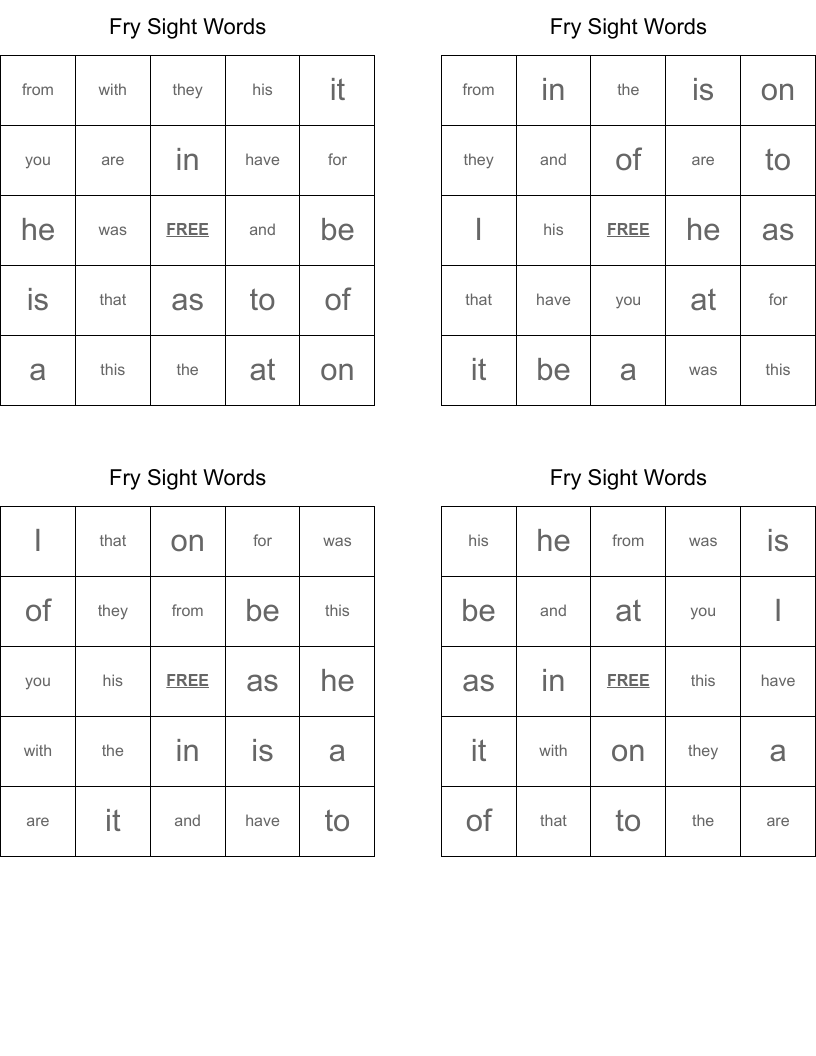 Fry Sight Words Bingo Cards