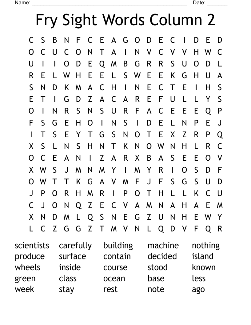 Fry Sight Words Column 2 Word Search