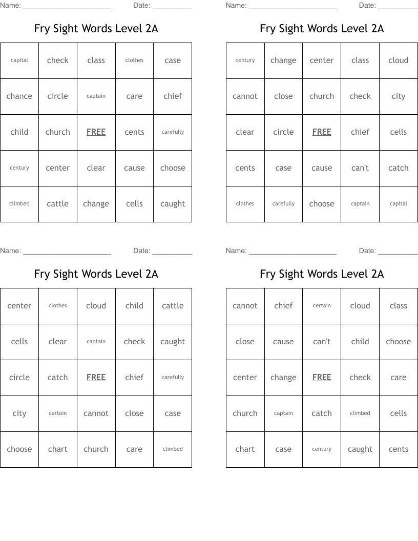 Fry Sight Words Level 2A Bingo Cards