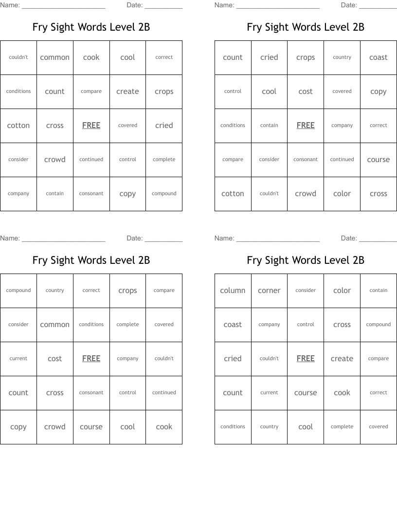 Fry Sight Words Level 2B Bingo Cards