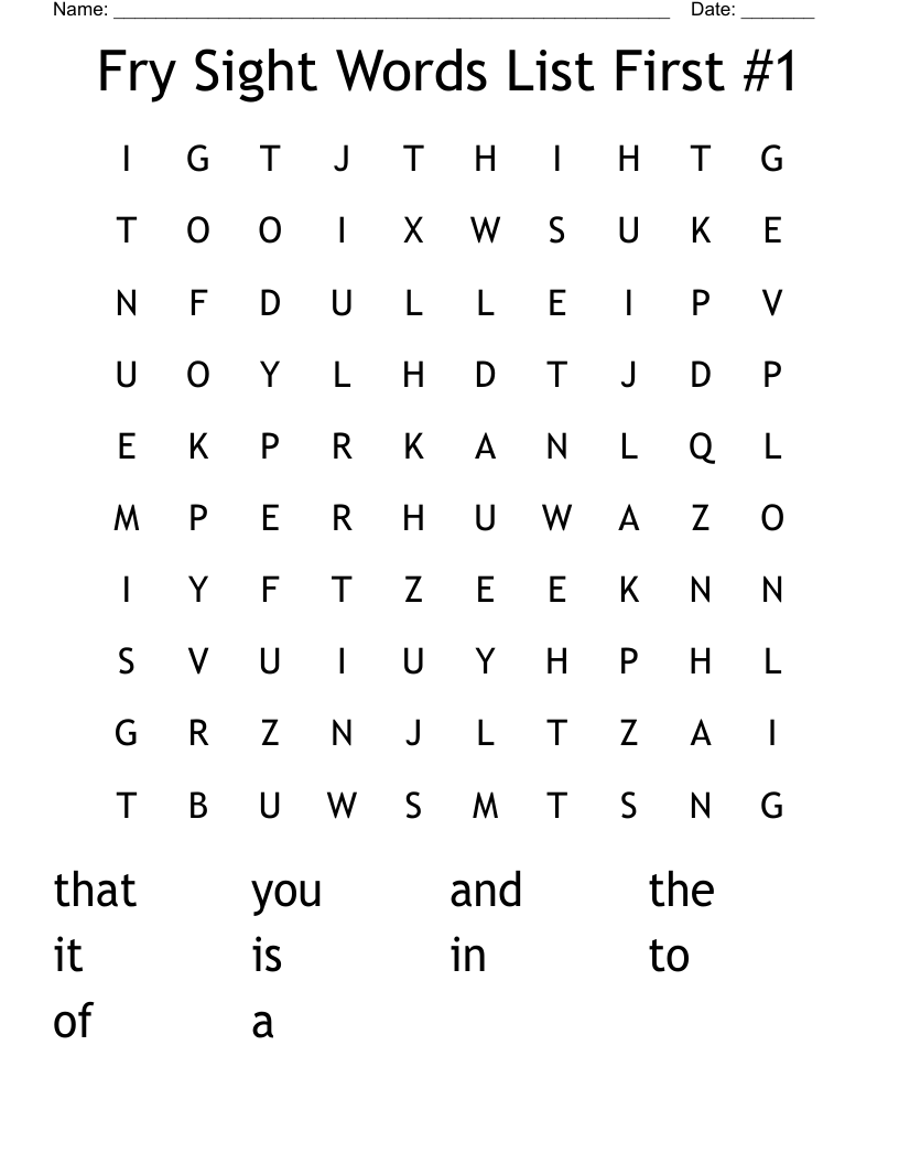 Fry Sight Words List First #1 Word Search
