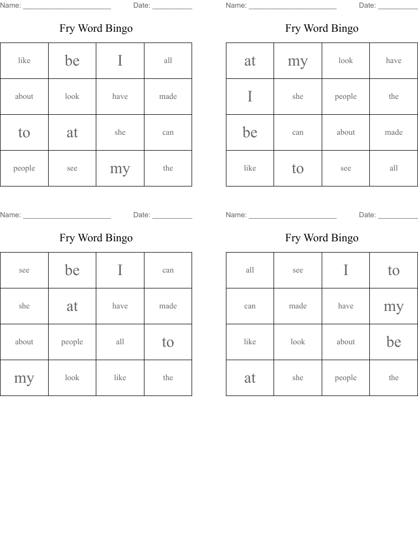 Fry Word Bingo