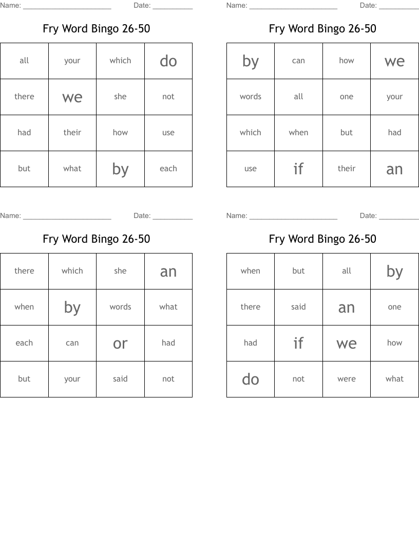 Fry Word Bingo 26-50