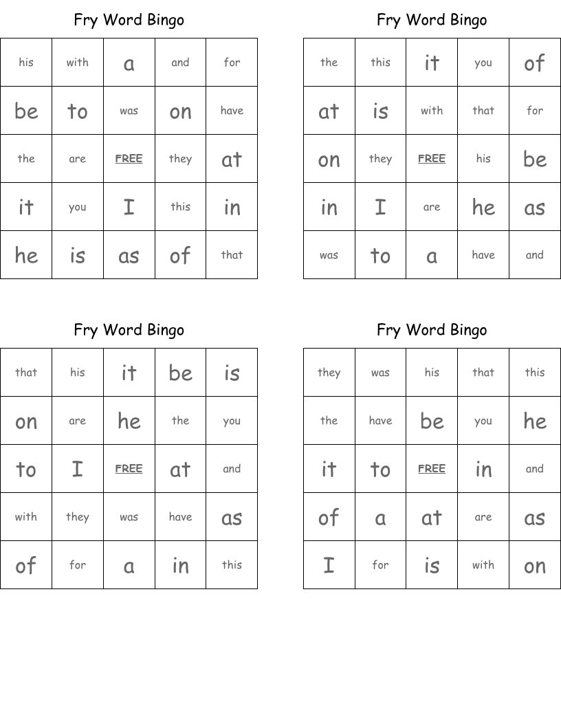 Fry Word Bingo