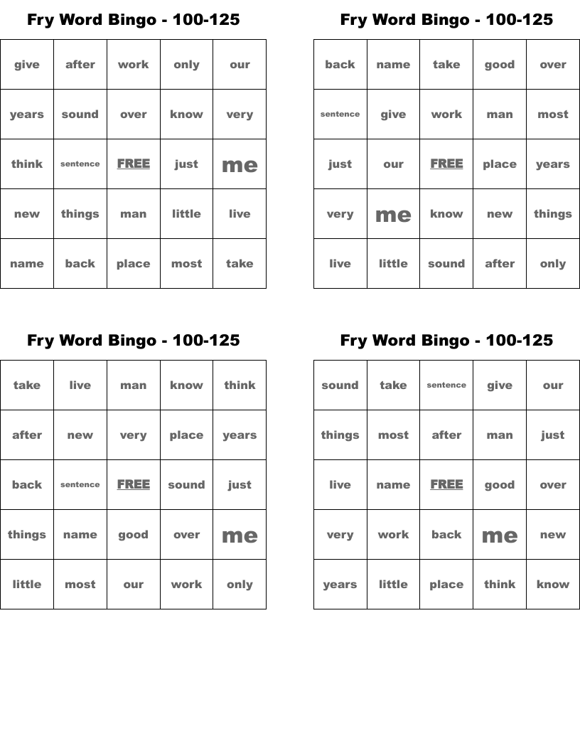 Fry Word Bingo - 100-125