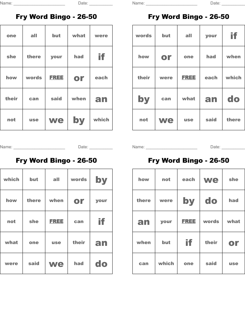 Fry Word Bingo - 26-50