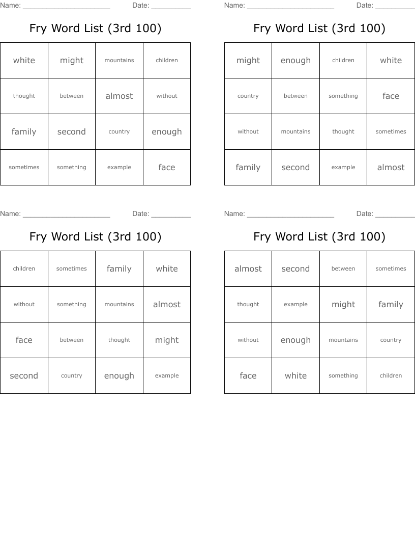 Fry Word List (3rd 100) Bingo Cards