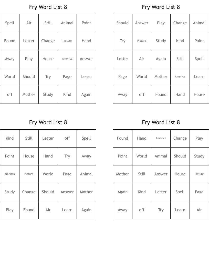 Fry Word List 8 Bingo Cards