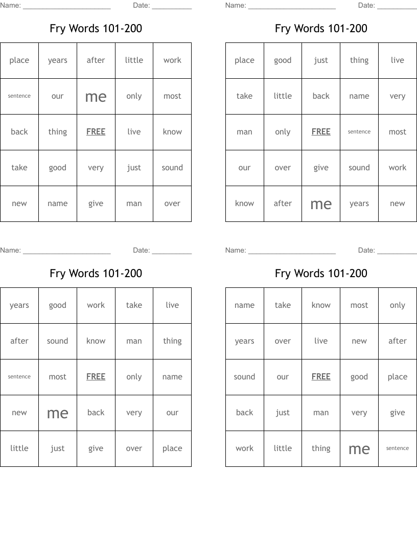 Fry Words 101-200 Bingo Cards