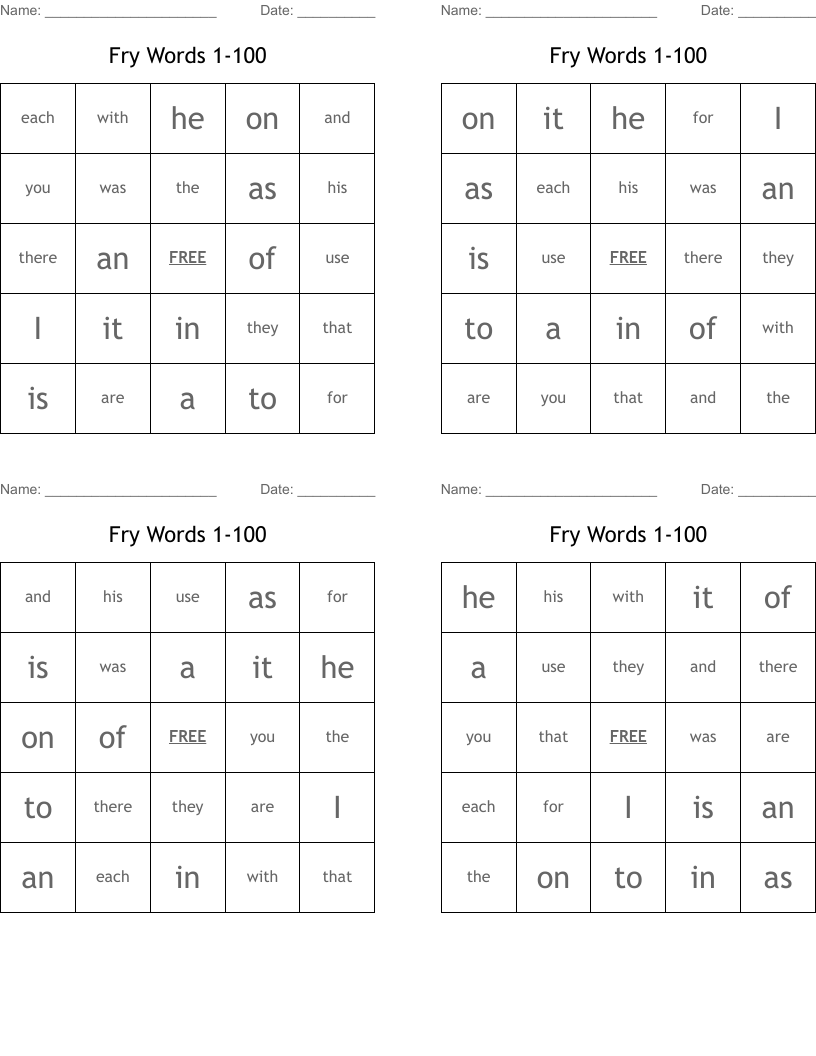 Fry Words 1-100 Bingo Cards