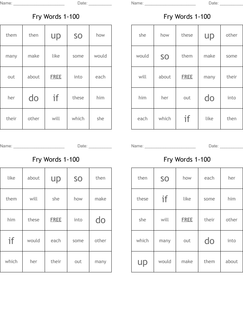 Fry Words 1-100 Bingo Cards