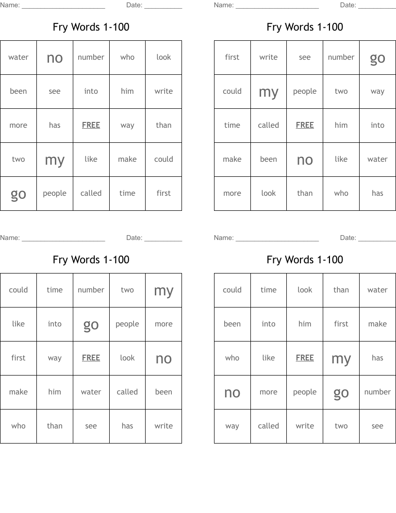 Fry Words 1-100 Bingo Cards