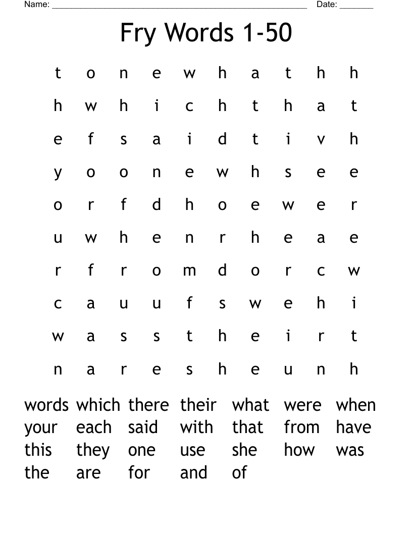 Fry Words 1-50 Word Search
