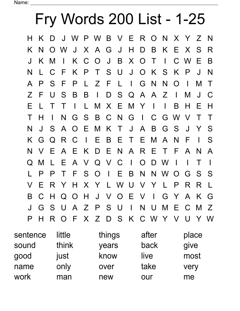 Fry Words 200 List - 1-25 Word Search