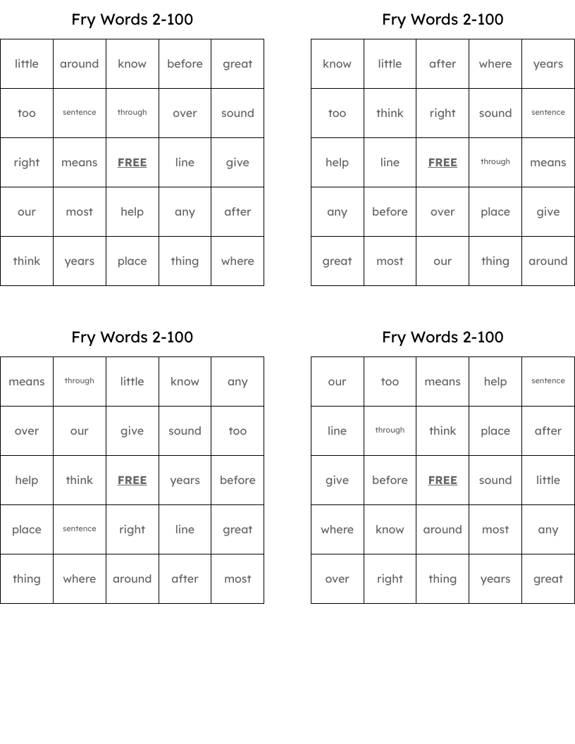 Fry Words 2-100 Bingo Cards
