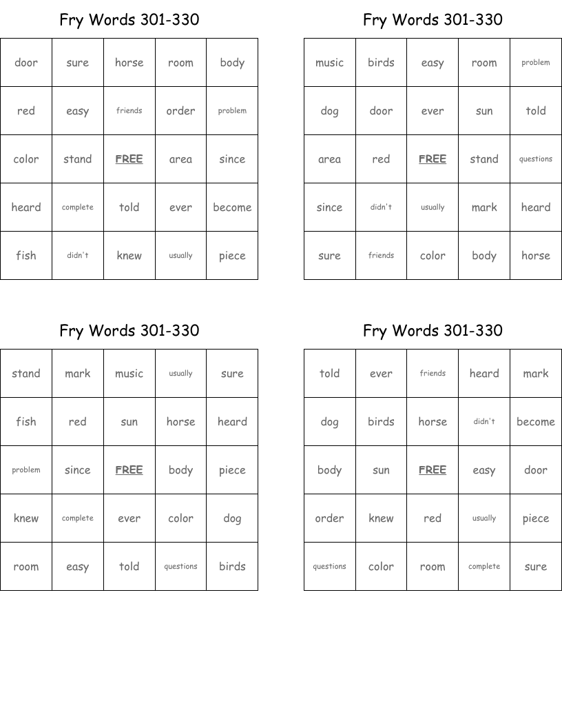 Fry Words 301-330 Bingo Cards