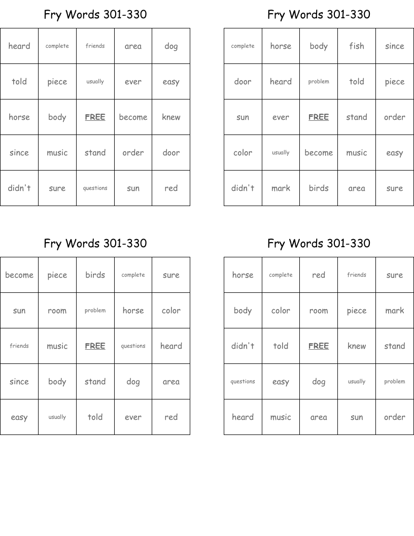 Fry Words 301-330 Bingo Cards